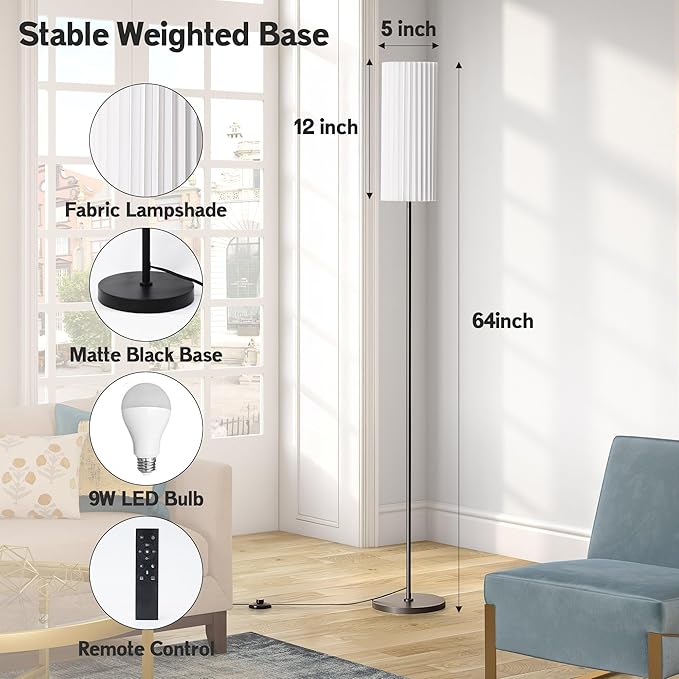 68" Modern Floor Lamp with 3 Color Temperatures, Foot Switch, Linen Shade & Black Metal Pole – Tall Standing Lamp for Living Room, Bedroom, or Office – LED Bulb Included, Easy Assembly (White)