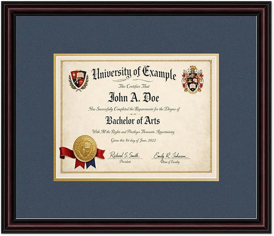 CountryArtHouse Diploma Frame Fits 11 x 8.5 US Letter Certificate - Keepsake Graduation Display Executive Brown Genuine Hardwood with Navy Blue Over Metallic Gold Double mat