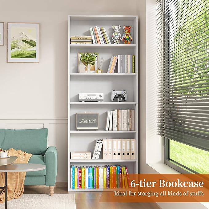 Vongrasig 6-Tier Open Bookcase and Bookshelf, Floor Standing Wood Display Storage Shelves 71 Inch Tall Bookcase Home Decor Furniture for Home Office, Living Room, Bed Room, White, 2 Pieces