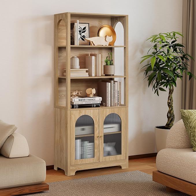 71" Tall Bookshelf with Glass Doors, 5-Tier Bookcase with Storage & Adjustable Shelf, Freestanding Wood Book Shelf Modern Arched Farmhouse Display Cabinet for Living Room, Office (Natural)