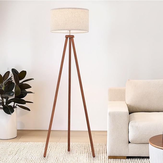 ELYONA Wood Tripod Floor Lamps with 3 Color Temperatures LED Bulb Vintage Standing Light Beige Linen Shade Tall Floor Lamp for Bedroom Living Room Office Study Room, Brown & Nickel Metal