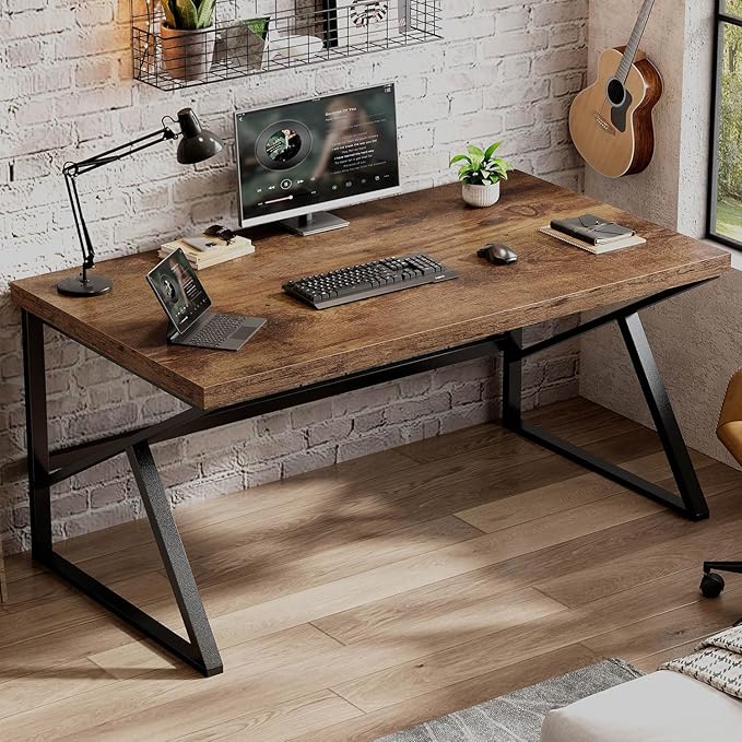 HSH Rustic Computer Desk, Large Executive Writing Study Work Desk for Home Office, Industrial Metal Wooden PC Laptop Long Desk Workstation, Modern Bedroom Living Room Table, Rustic Brown, 60 Inch