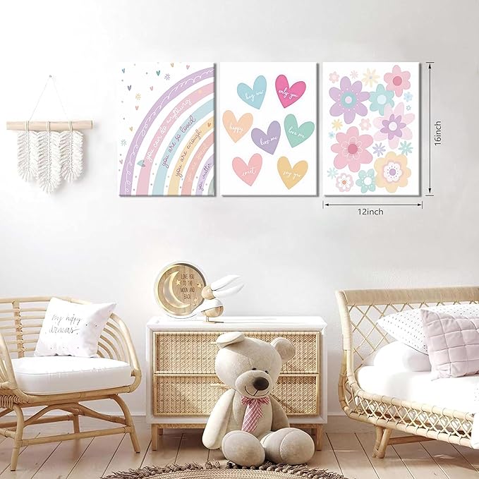 3 Pieces Nursery Boho Wall Art, Framed Cartoon Rainbow Canvas Prints, Colorful Heart Wall Decor, Cute Flower Posters Artwork, Pink Girls Room Aesthetic for Bedroom Dormitory – 12x16in