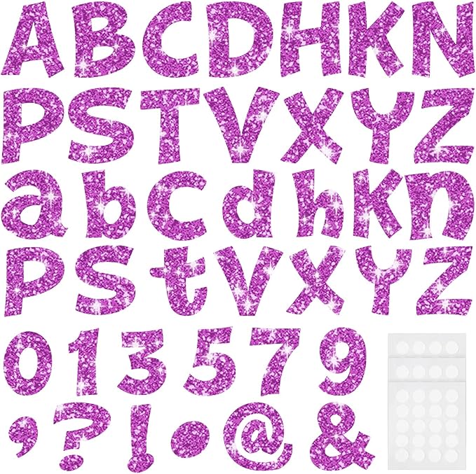 Colarr 216 Pcs Glitter Bulletin Board Letters for Classroom Number Alphabet Punctuation Symbol Cutout 4'' Die-Cut Poster Letter with Adhesive Dot School Party Holiday Decor Display(Purple Pink)