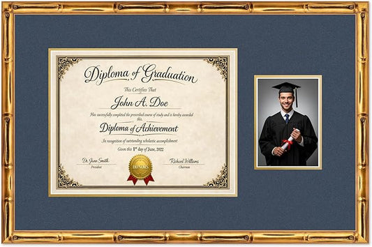 Diploma Frame With Photo Opening Gold Bamboo Navy Blue Over Gold Mat - Fits 14 x 11 Degree and Picture Made in the USA