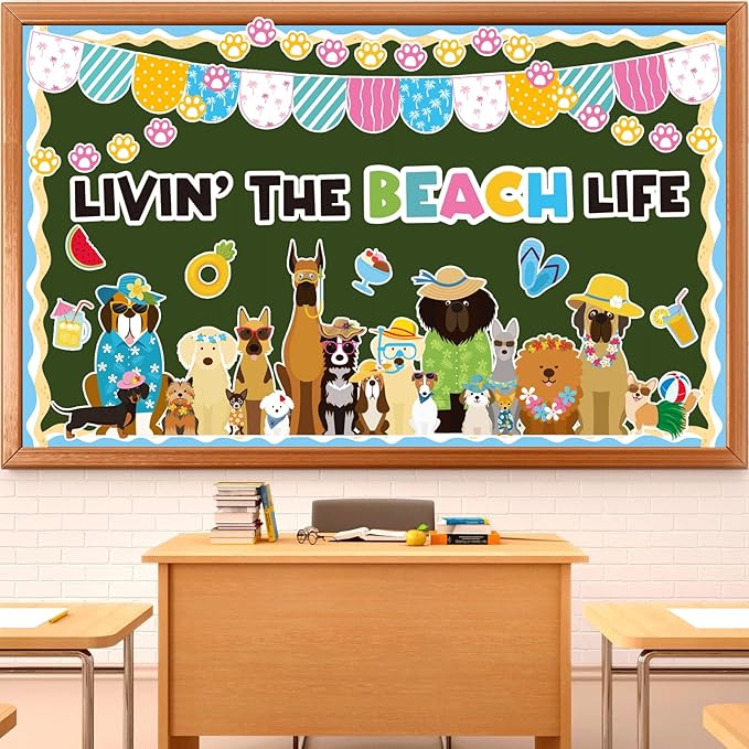 Summer Dog Bulletin Board Decorations Hawaiian Dog Theme Classroom Back to School Bulletin Board Border Set Cute Puppy Pet Dog Paw Paper Cutouts for School Chalkboard Supplies Wall Decor