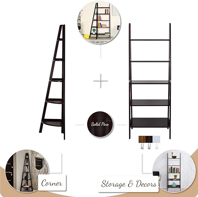 Casual Home 100% Solid Wood 5-Shelf Ladder Bookcase, Standard, 72"H, Warm Brown