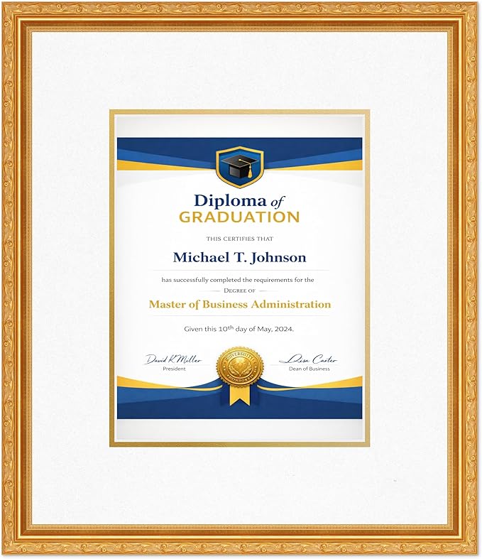 Diploma Frame Museum Gold with Oyster Shell Over Gold Double Mat - Fits 8.5 x 11 Certificate (Portrait) Wall Display Made in the USA