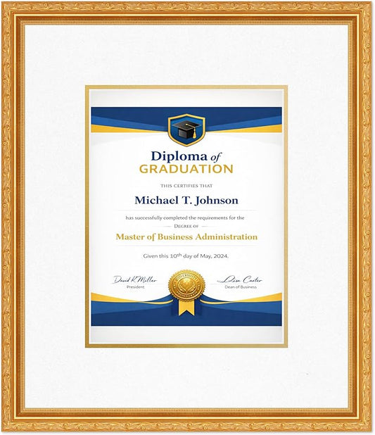 Diploma Frame Museum Gold with Oyster Shell Over Gold Double Mat - Fits 8.5 x 11 Certificate (Portrait) Wall Display Made in the USA