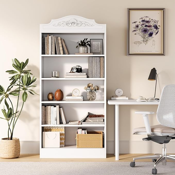 LITTLE TREE 5-Tier Bookcase with Storage, 73-Inch White Bookshelf, Modern Open Storage Shelf, Book Shelf for Living Room, Bedroom, Home Office
