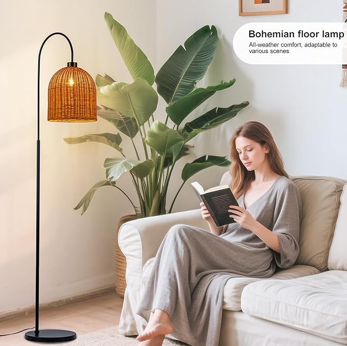 MAYNA Rattan Floor Lamp, 66 in. Bohemian Style Floor lamp with Natural Brown Rattan Shade, Rustic Curved Standing lamp for Coastal, Beach or Bohemian Decor (Coastal Black)