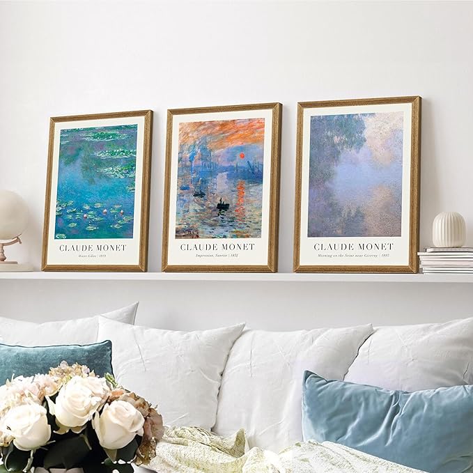 SYWENNOI Monet Impressionism Canvas Wall Art Set of 3, Classic Claude Monet Pieces Wall Decor, Water Lilies Sunrise and art Seine Landscape Art Prints for Living Room Bedroom Office 16x24 Wood Frames