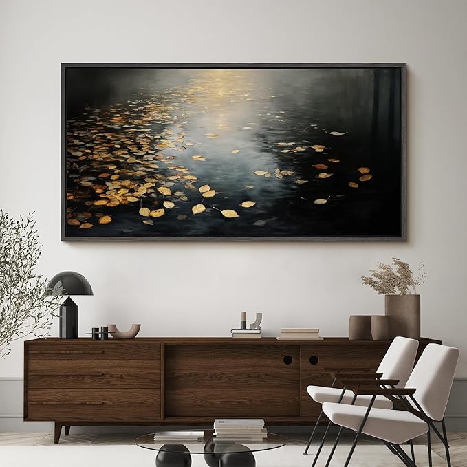 SIGNFORD Extra Large Framed Canvas Print Wall Art Moody Water Reflection with Floating Leaves Illustrations Modern Art Calm Warm for Living Room, Bedroom, Office - 60"x30"