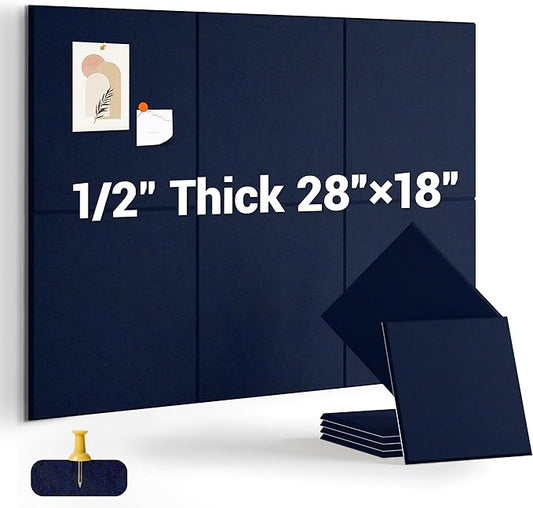 1/2" Thick Cork Board for Office, 6 Pack Felt Wall Tiles -28"x18" with Safe Adhesive Tabs, Large Bulletin Board, Push Pin Board Organizer Wall - Dark Blue