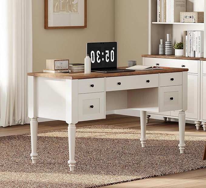 WAMAPT Farmhouse Executive Desk with 5 Drawers, Home Office Desk with Charging Station, Wood Computer Desk with File Cabinet Storage, Door, Open Shelf for Work and Study, White, 55 inch