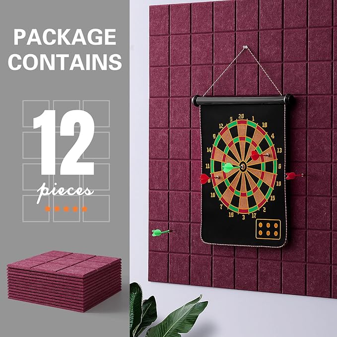 Large Cork Board, 12 Pack Felt Wall Tiles with Safe Removable Adhesive, Bulletin Board for Office, Pin Tack Corkboard for Quilting Design & Dart Wall Protector 48" x 36" - Fuchsia