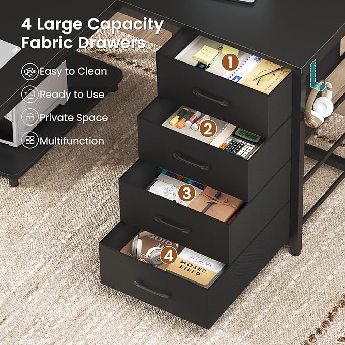 L Shaped Desk, 67" Reversible Computer Desk with 4 Fabric Drawers and Power Outlet, Corner U Shaped Desk with Shelf and Pegboard for Home Office, Black
