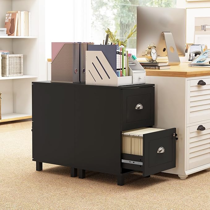 HOMCOM 2 Drawer File Cabinet, Lockable Filing Cabinet with Adjustable Hanging Bars for A4 and Letter for Home Office, Black