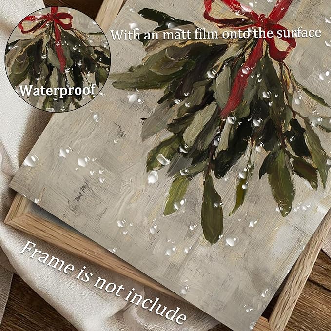 uniro Vintage Christmas Mistletoe Print Artwork Painting Winter Farmhouse Holiday Wall Decor for Bedroom, Living Room, Gallery, winter Room Decor, Holiday Decoration Gifts (8" x 10" - UNFRAMED)
