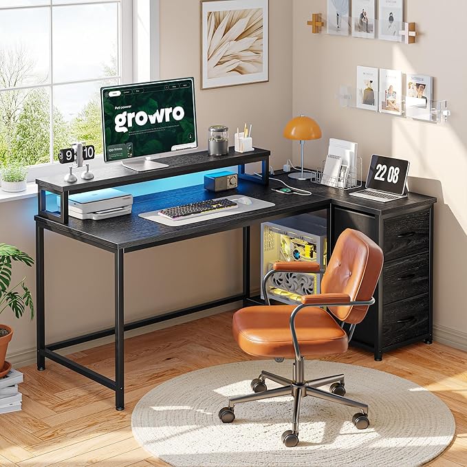 EnHomee L Shaped Gaming Desk with LED Lights & Power Outlet, 48Inch Reversible Office Desk with Monitor Stand Corner Computer Desk with 3 Drawers for Gaming,Study Room,Home Office,Bedroom,Black