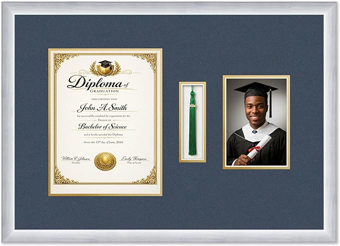 CountryArtHouse Diploma Tassel and Photo Shadowbox Fits 8.5 x 11 Certificate (Portrait) with Tassel Stainless Silver Genuine Hardwood with Navy Blue Over Metallic Gold Double mat