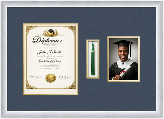 CountryArtHouse Diploma Tassel and Photo Shadowbox Fits 8.5 x 11 Certificate (Portrait) with Tassel Stainless Silver Genuine Hardwood with Navy Blue Over Metallic Gold Double mat