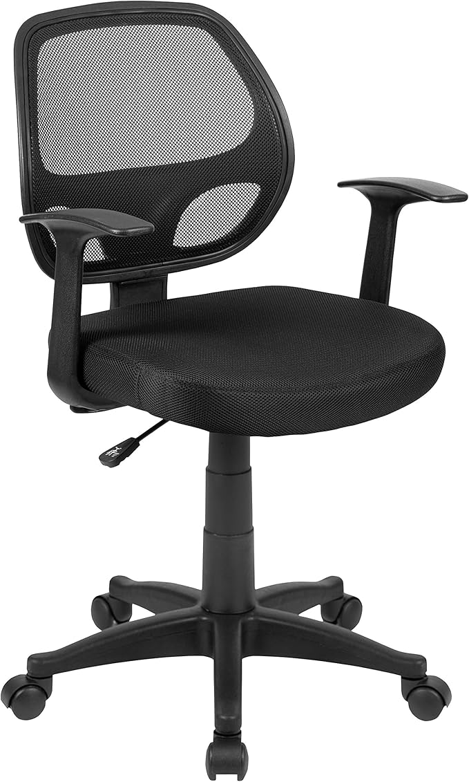 Flash Furniture Mallard Mid-Back Swivel Mesh Office Chair with Padded Seat and T-Arms, Height-Adjustable Ergonomic Padded Office Desk Chair, Black