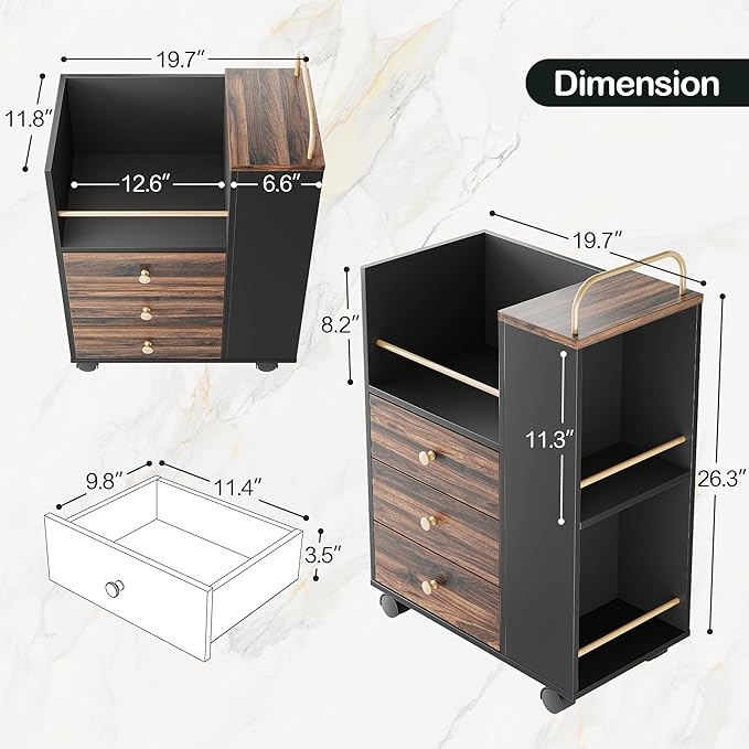 Mobile File Cabinet with 3 Drawers, 20" Wood Lateral Filing Cabinet with Lockable Wheels, Fit Letter/A4 Size or Home Office, Utility Cart with Open Storage Shelf, Black Walnut