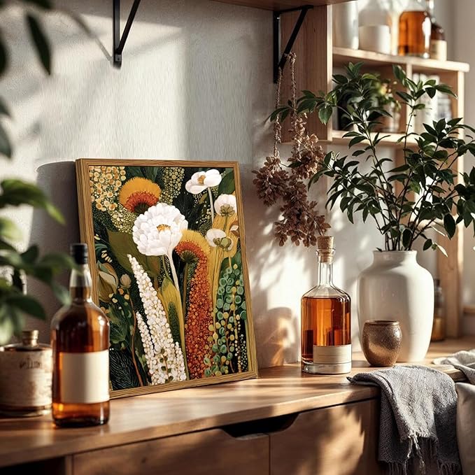 Framed Vintage Floral Canvas Wall Art, Abstract Flower Pictures Wall Decor, Boho Wildflower Botanical Paintings Prints Mid Century Modern Home Decor Aesthetic for Living Room Bedroom 12x16 inch