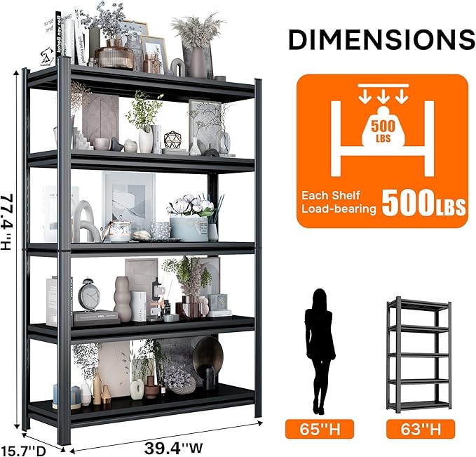 5 Tier Open Bookshelf, Industrial Bookcase Display Shelf Racks, Metal Bookcase Storage Shelves Metal Frame, Tall Storage Organizer for Home, Easy Assembly,15.7Wx15.7Dx63H
