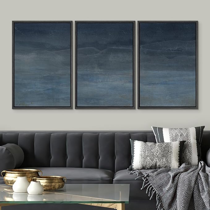SIGNWIN Framed Canvas Print Wall Art Abstract Blue Landscape Modern Minimalist Navy Blue and Gray Nature Wilderness Modern Art Cool for Living Room, Bedroom, Office - 16"x24"x3 Black