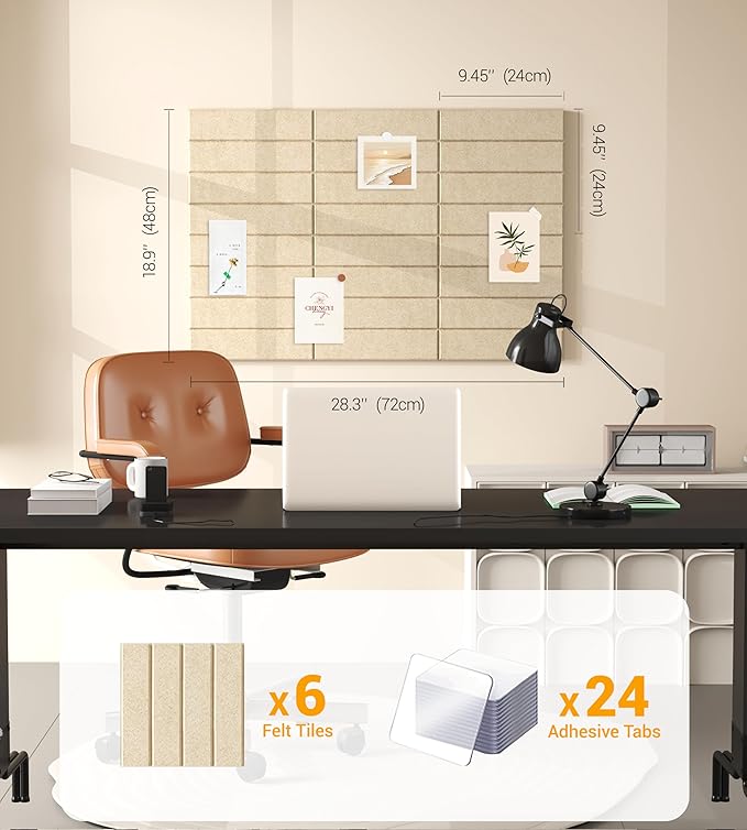 1/2" Thick Cork Board for Office, 6 Pack Felt Wall Tiles -28"x18" with Safe Adhesive Tabs, Large Bulletin Board, Push Pin Board Organizer Wall - Tan