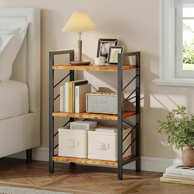 Book Shelf, Industrial 3 Tier Small Bookshelf, Bookcase with Metal Frame and Sidebars, Storage Shelves for Bedroom, Home Office and Living Room, Rustic Brown