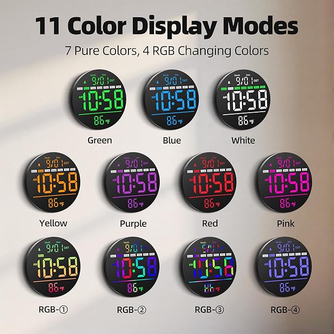 Maxstar Led Digital Wall Clock with Timer, Seconds, Temperature, Date, DST, Nightlight, RGB Color, Alarm Clock, 5-Level Display Brightness, Digital Clock Timer for Classroom, Bedroom, Garage, Gym
