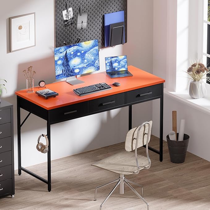 Pamray 47 Inch Small Computer Desk with 3 Drawers for Bedroom Study Writing Home Office Table for Small Spaces Orange