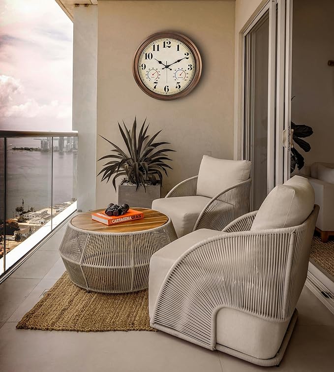 45MinST 16 Inch Bronze Vintage Large Indoor/Outdoor Waterproof Wall Clock with Thermometer & Hygrometer, Silent Non-Ticking Quartz Timepiece for Home, Porch, Garden,Pool
