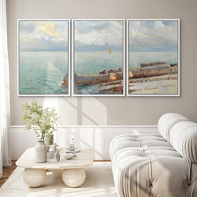 SIGNWIN Framed Canvas Print Wall Art Set Coastal Seascape Classic Ocean View with Sailboat and Rocky Shoreline Illustrations Modern Art Decorative for Living Room, Bedroom, Office - 16"x24"x3 White