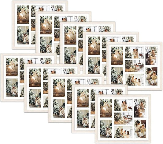 Golden State Art, Set of 10, 13.7x15.7 Distressed White Wood Collage Frame - White Mat - Displays Seven 4x6 Photos - Real Glass, Sawtooth Hanger, Swivel Tabs - Wall Mounting, Landscape, Portrait