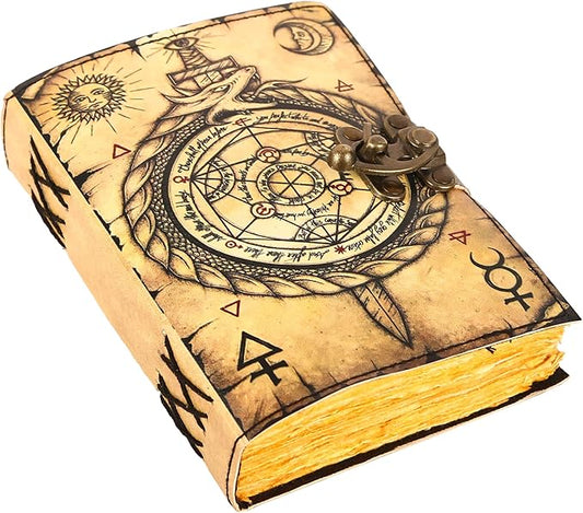 TUZECH Book of Spells Leather Bound Journal Deckle Edge Paper Grimoire Printed Diary Third Eye Notebook Spiral Gothic Notebook Antique Vintage Book for Men and Women (Ouroboros Circle Of