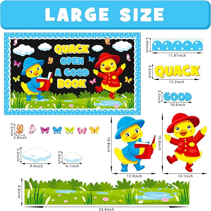 Spring Reading Bulletin Board Decoration Set, Yellow Duck Quack Classroom Decorations Duck Book Butterfly Cutouts March April Library School Nursery Home Window Wall Chalkboard Door Decor for Teacher