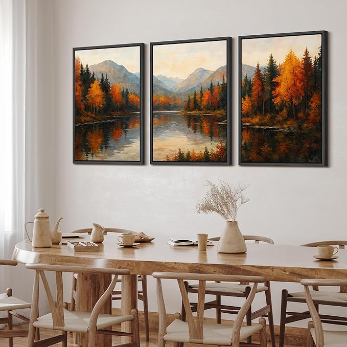 SIGNFORD Framed Wall Art Print Set Autumn Mountain Lake Vibrant Fall Forest Landscape Digital Art Modern Art Contemporary for Living Room, Bedroom, Office - 24"x36"x3 Black