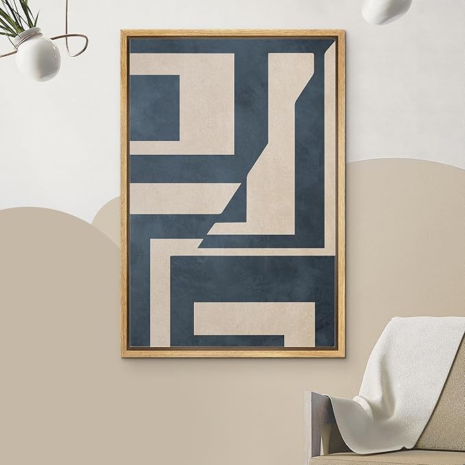 IDEA4WALL Framed Canvas Print Wall Art Blue & Tan Polygon Symbols Abstract Geometric Illustrations Modern Art Minimalism Shapes Multicolor Boho for Living Room, Bedroom, Office - 24"x36" Natural