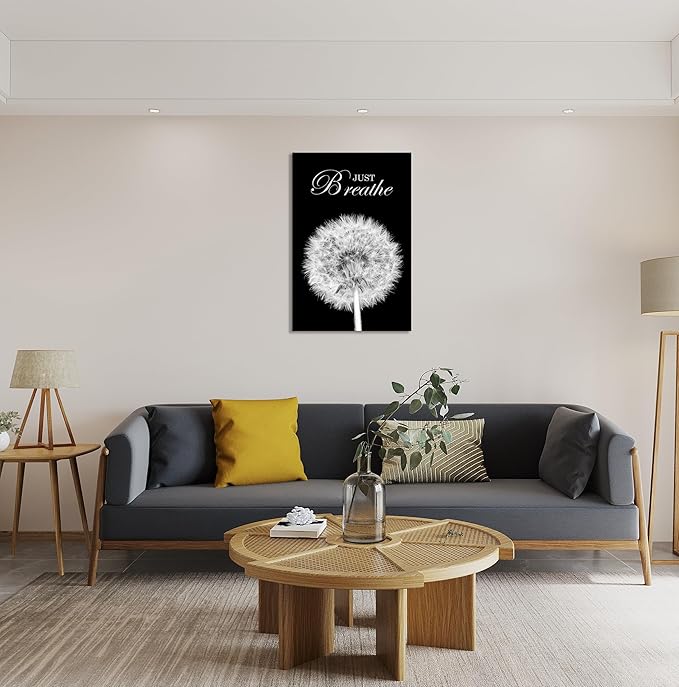 YIOZHAOFH Black Dandelion Picture Artwork Bedroom Decoration Just Breathe Canvas Painting Photo Relaxing Meditation Art Wall Decor Framed for Home Room Office (28L x 44W)