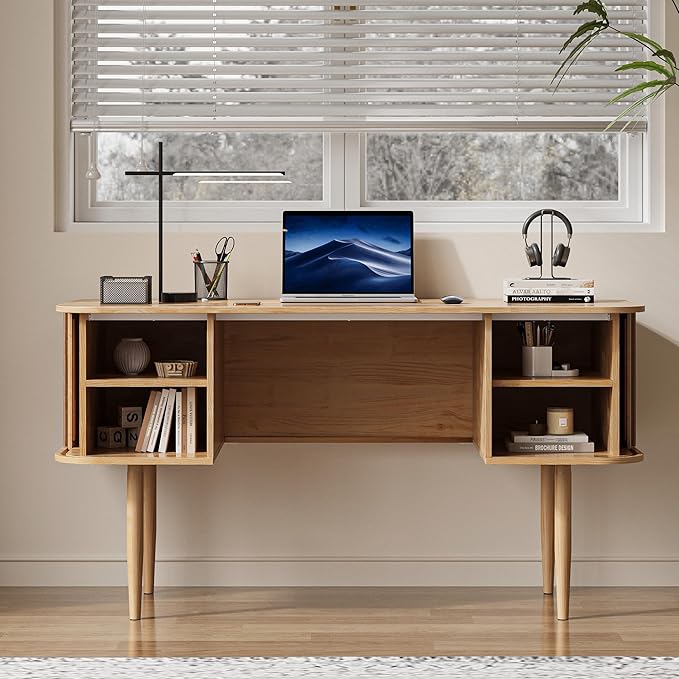 55" Modern Writing Desk with Storage, Wood Home Office Desk with Sliding Doors, Computer Desk for Home Office, Dorm, Living Room, Home Study Table, Natural