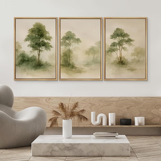 SIGNWIN Framed Canvas Print Wall Art Set Forest Trees Green Nature Landscape Illustrations Modern Art Decorative Nordic Abstract for Living Room, Bedroom, Office - 16"x24"x3 Natural