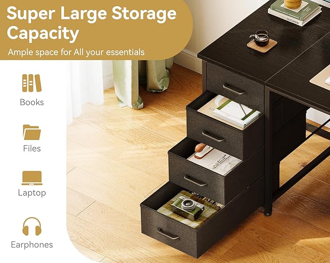 ODK 55 Inch Computer Desk with 8 Fabric Drawers, Modern Office Desk with Large Storage for Home Office, Study, Gaming, Black