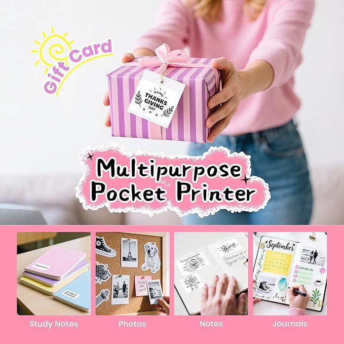 Sticker Printer, PM290C Thermal Mini Printer, Bluetooth Print Pod with 3 Rolls of Paper, Portable Print Pods for Phone & Tablet, Sticker Maker Machine for Notes, Photos, Journal, Rose Pink