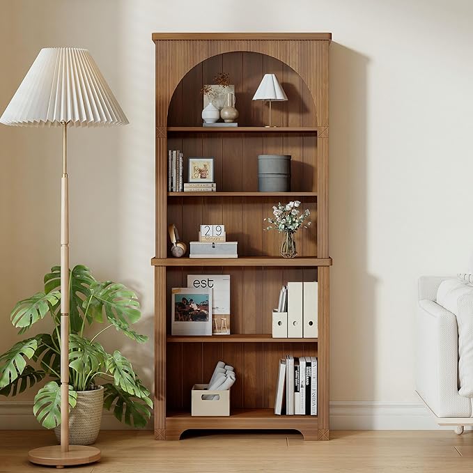 71" Tall Narrow Arched Bookshelf, Mid Century Modern 5-Tier Arched Narrow Storage Bookcase with Adjustable Open Display Shelf for Office, Living Room (Walnut)