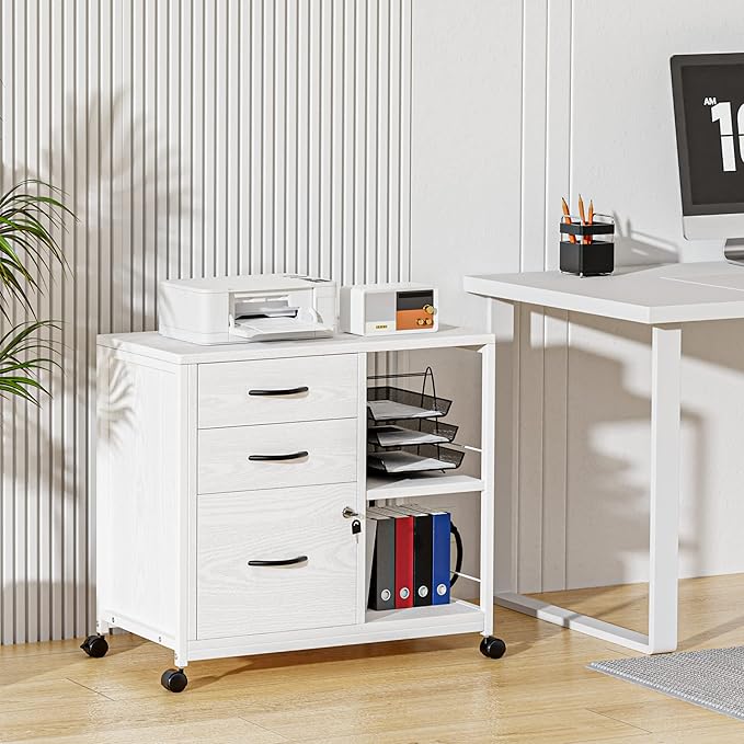 Lulive File Cabinet for Home Office, Filing Cabinet with Lock and USB Charging Port, 3 Drawer File Cabinet, Rolling File Cabinet with Storage for A4, Letter Size, White, HI1355