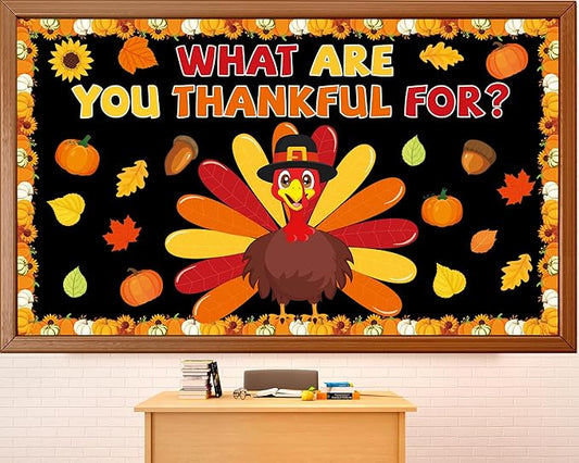 Thanksgiving Turkey Classroom Bulletin Board Decorations Autumn Fall Thankful Letters Cutouts Pumpkin Leaves Bulletin Board Border Set for Home School Chalkboard Wall Decor Supplies